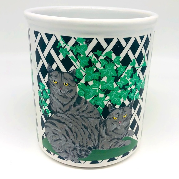 Kitchen Utensil Holder,Gray Tiger Cats Ivy & Lattice,Acme International, 5” tall - Picture 1 of 6